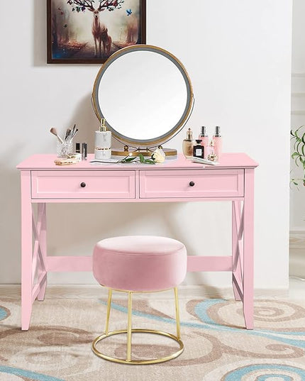 Writing Computer Desk with Drawers, Cute Modern Table for Bedrooms, Pink Vanity Table Office Desk with Drawers, Home Computer Desk for Girls Living Room Entryway, Pink - LeafyLoom