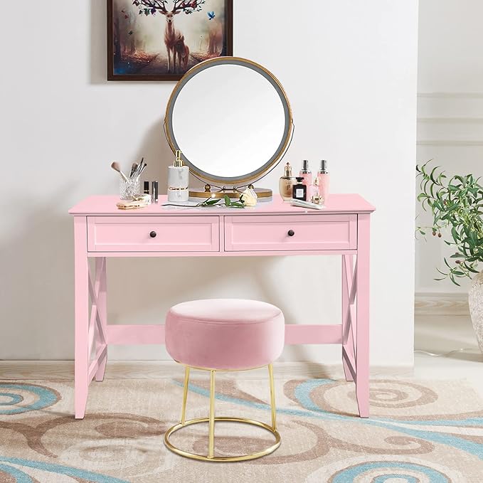 Writing Computer Desk with Drawers, Cute Modern Table for Bedrooms, Pink Vanity Table Office Desk with Drawers, Home Computer Desk for Girls Living Room Entryway, Pink - LeafyLoom