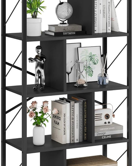 5 Tier Bookshelf with Storage, 61 Inch Tall Industrial Book Shelf with Open Display Bookshelves, 5 Shelf Bookcase with Metal Frame for Living Room, Bedroom and Home Office-Black - LeafyLoom