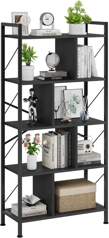5 Tier Bookshelf with Storage, 61 Inch Tall Industrial Book Shelf with Open Display Bookshelves, 5 Shelf Bookcase with Metal Frame for Living Room, Bedroom and Home Office-Black - LeafyLoom