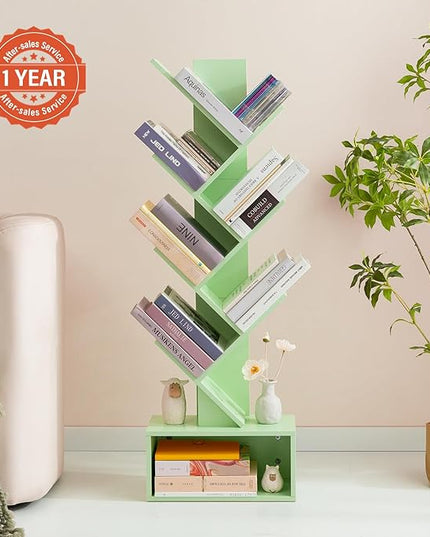 Yoobure Tree Bookshelf - 6 Shelf Retro Floor Standing Bookcase, Tall Wood Book Storage Rack for CDs/Movies/Books, Utility Book Organizer Shelves for Bedroom, Living Room, Home Office Green - LeafyLoom