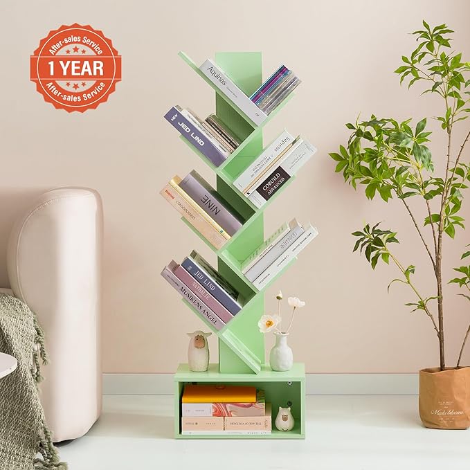 Yoobure Tree Bookshelf - 6 Shelf Retro Floor Standing Bookcase, Tall Wood Book Storage Rack for CDs/Movies/Books, Utility Book Organizer Shelves for Bedroom, Living Room, Home Office Green - LeafyLoom
