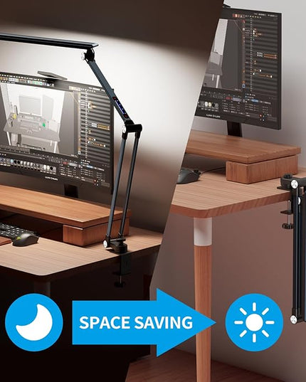 Space Saving LED Desk Lamps,Touch Adjustment 10 Color Temperatures &10 Brightness Eye-Caring Modes, Swing Arm Desk Light with Clamp，Lamp for Home Office 360° Spin Memory Function-Metallic Gray - LeafyLoom
