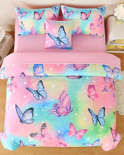 Butterfly Bedding Set Full, Pink Butterfly Comforter Set for Girls Kids Teens 6 pcs Bed in a Bag Full Bedding Sets for Girls - LeafyLoom