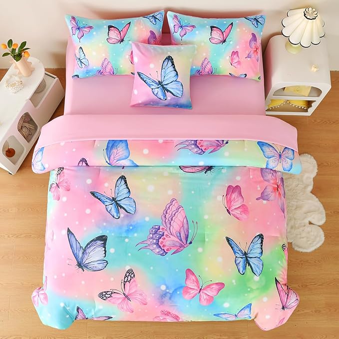 Butterfly Bedding Set Full, Pink Butterfly Comforter Set for Girls Kids Teens 6 pcs Bed in a Bag Full Bedding Sets for Girls - LeafyLoom