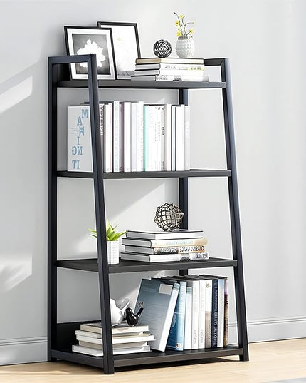 IOTXY 4 Tier Open Bookshelf - Steel and Wood Display Stand, 50CM Width Floor-Standing Bookcase, Black - LeafyLoom