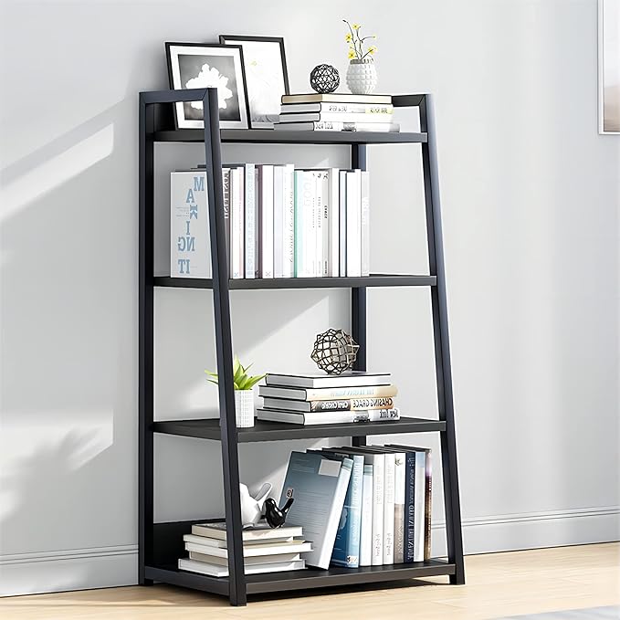 IOTXY 4 Tier Open Bookshelf - Steel and Wood Display Stand, 50CM Width Floor-Standing Bookcase, Black - LeafyLoom