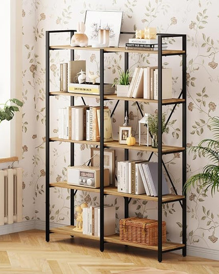 BON AUGURE Industrial Bookshelves and Bookcases, 5 Tier Heavy Duty Etagere Shelving Unit, Farmhouse Rustic Wood Metal Book Shelves for Office, Living Room and Bedroom (Vintage Oak, 43.31 inch Wide) - LeafyLoom