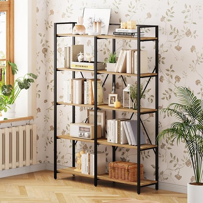 BON AUGURE Industrial Bookshelves and Bookcases, 5 Tier Heavy Duty Etagere Shelving Unit, Farmhouse Rustic Wood Metal Book Shelves for Office, Living Room and Bedroom (Vintage Oak, 43.31 inch Wide) - LeafyLoom