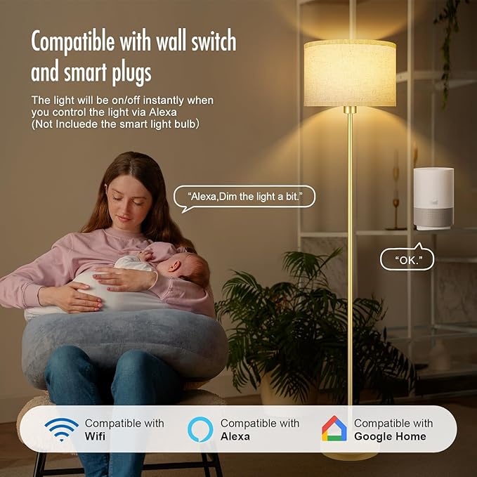 Gold Floor Lamps for Living Room, Bright Standing Lamp with 3 Color Temperatures(9W Bulb), Beige Linen Lampshade, Foot Switch, Simple Reading Floor Lamps Tall Lamps for Bedroom/Office/Den/Classroom - LeafyLoom