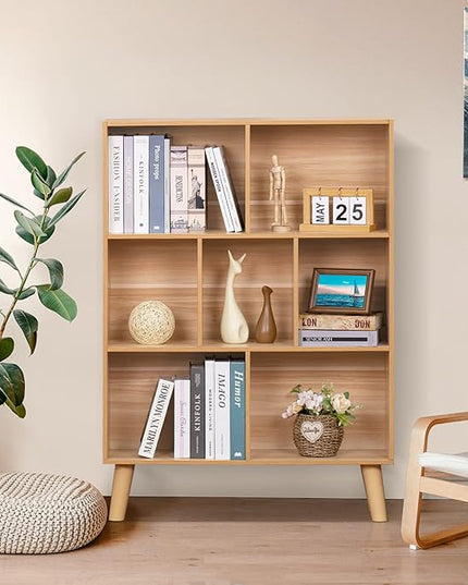 LEYAOYAO Wooden 5 Cube Bookshelf, Natural 3 Tier Book Shelf with Legs, Modern Open Storage Organizer,Boho Bookcase,Display Cabinet Shelf Free Standing Bookshelves for Bedroom,Living Room,Study - LeafyLoom