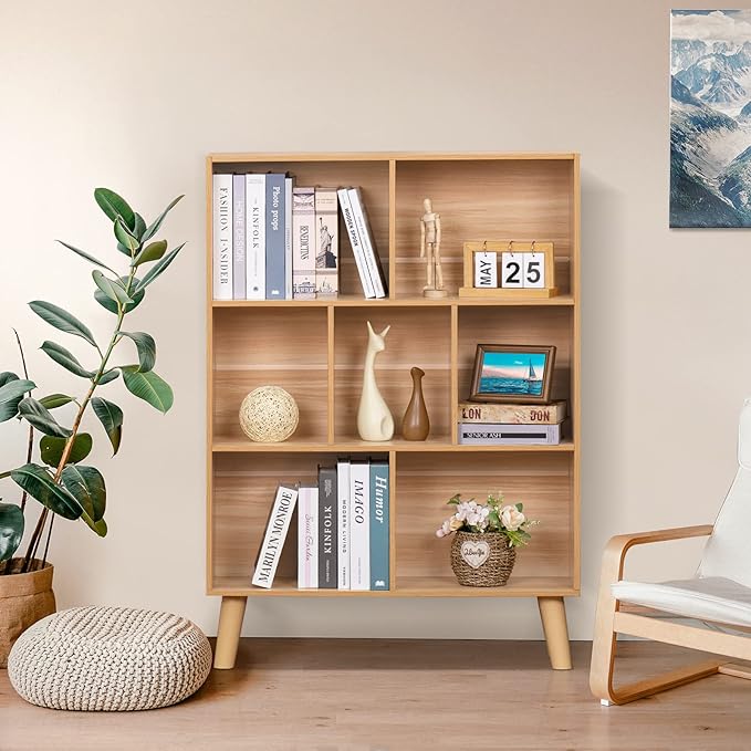 LEYAOYAO Wooden 5 Cube Bookshelf, Natural 3 Tier Book Shelf with Legs, Modern Open Storage Organizer,Boho Bookcase,Display Cabinet Shelf Free Standing Bookshelves for Bedroom,Living Room,Study - LeafyLoom