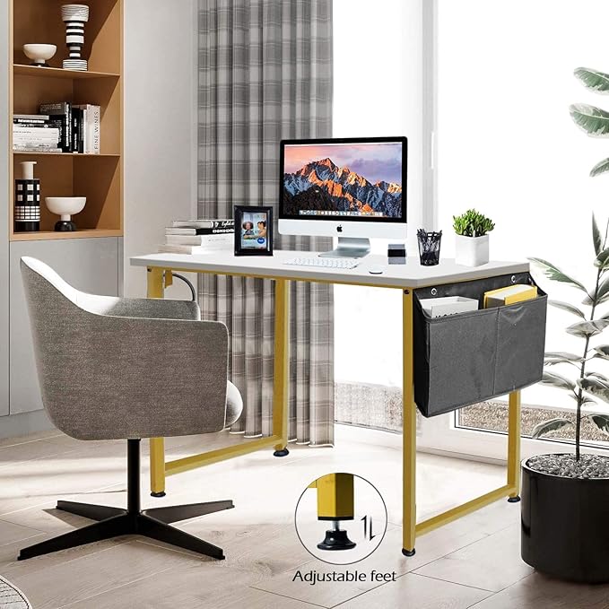 Lufeiya Computer Desk Small White Gold Writing Table for Home Office Compact Spaces 39 Inch Modern Student Study Desk,White Gold - LeafyLoom
