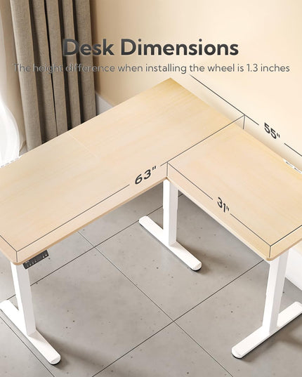 Claiks L Shaped Standing Desk Adjustable Height, Dual Motor Electric Corner Standing Desk, 63x55 inch Sit Stand up Desk with Splice Board, White LeafyLoom