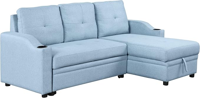 80.3'' L-Shape Convertible Sleeper Sectional Sofa with Storage Chaise and Pull-Out Bed, Linen Upholstered Reversible Corner Couch w/Tufted Cushions &Cup Holder, for Living Room, Apartment - LeafyLoom