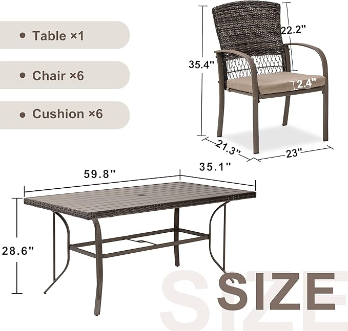 Patio Dining Set for 6, 7 PCS Patio Table & Chair Set, Metal Slatted Table with 2" Umbrella Hole, All-Weather Wicker Patio Dining Furniture with Removable Cushions for Deck, Lawn, Garden(Beige) - LeafyLoom