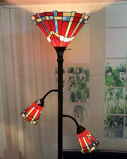 Bieye L10835 Mission Tiffany Style Stained Glass Floor Lamp for Reading Working Decorating, 3-Lights, 70 inches Tall - LeafyLoom