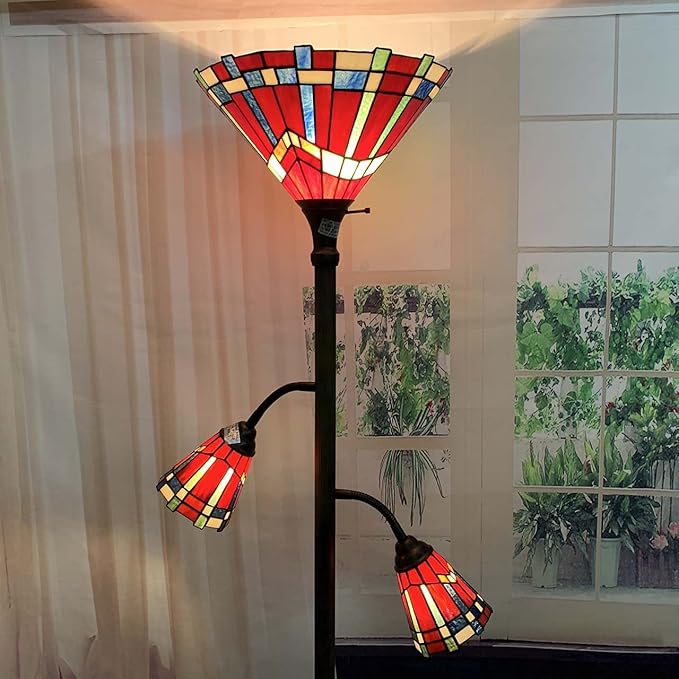Bieye L10835 Mission Tiffany Style Stained Glass Floor Lamp for Reading Working Decorating, 3-Lights, 70 inches Tall - LeafyLoom