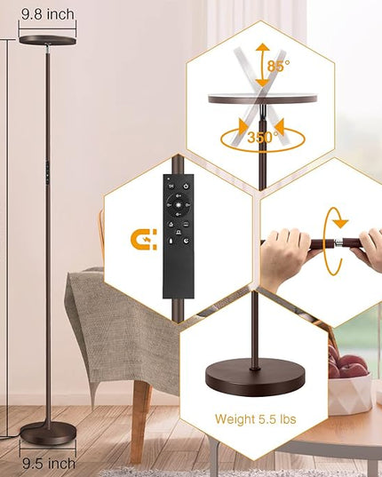 OUTON Floor Lamp, 30W/3000LM LED Modern Torchiere Sky Lamp, Dimmable Bright Standing Tall Lamp with 4 Color Temperatures, 1 Hour Timer, Remote Touch Control for Living Room Bedroom, Office, Bronze - LeafyLoom