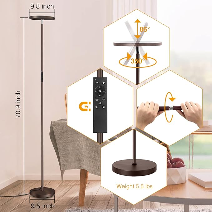 OUTON Floor Lamp, 30W/3000LM LED Modern Torchiere Sky Lamp, Dimmable Bright Standing Tall Lamp with 4 Color Temperatures, 1 Hour Timer, Remote Touch Control for Living Room Bedroom, Office, Bronze - LeafyLoom