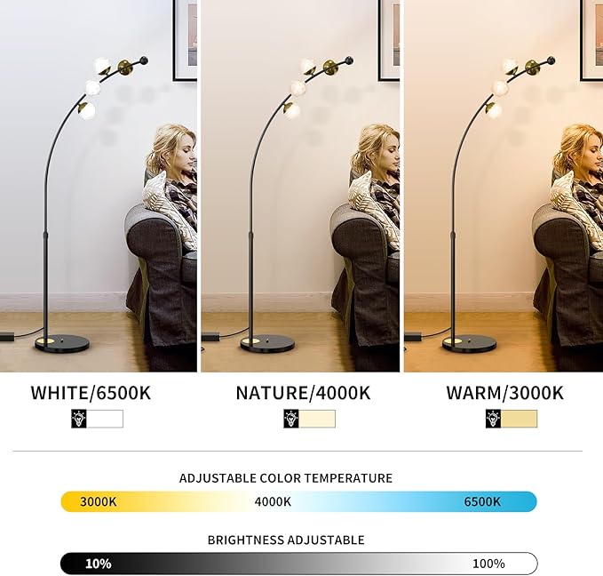 Ganeed Floor Lamp for Living Room,24W Bright LED Standing Lamps with Remote Control,61.4 in Tall Dimmable 3 Color Temperatures Eye-Protection Black Reading Tall Lamps for Bedroom Office Dorm Room - LeafyLoom