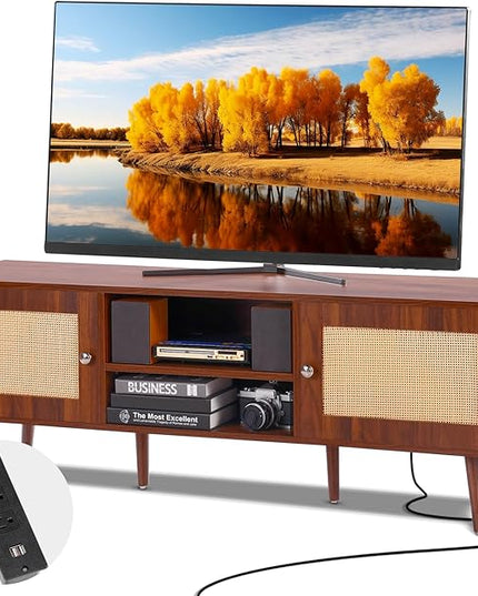 VEVOR Rattan TV Stand, Mid Century Modern TV Stand for 65 inch TV, Boho Rattan TV Cabinet with Build-in Socket and USB Ports, Adjustable Shelfs for Living Room, Media Room, Walnut - LeafyLoom