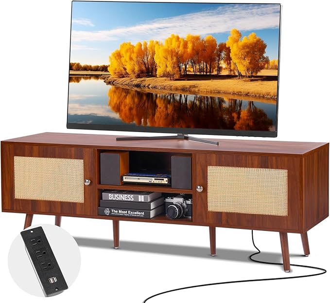 VEVOR Rattan TV Stand, Mid Century Modern TV Stand for 65 inch TV, Boho Rattan TV Cabinet with Build-in Socket and USB Ports, Adjustable Shelfs for Living Room, Media Room, Walnut - LeafyLoom