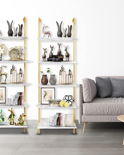 5 Tiers Ladder 2-Piece Shelf White Marble Modern Bookshelf Open Tall Wall Mount Bookcase Standing Leaning Wall Shelves Industrial Decorative - LeafyLoom