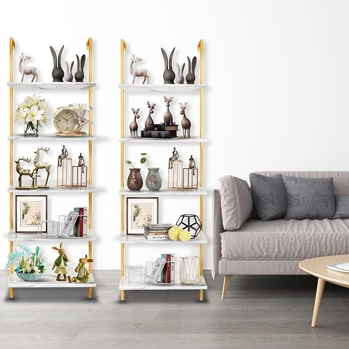 5 Tiers Ladder 2-Piece Shelf White Marble Modern Bookshelf Open Tall Wall Mount Bookcase Standing Leaning Wall Shelves Industrial Decorative - LeafyLoom