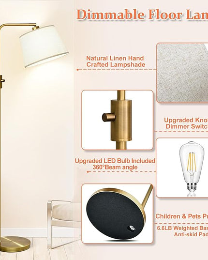 Nintiue Dimmable Floor Lamp, 1000 LM LED Edison Bulb Included, Arc Floor Lamps for Living Room Modern Standing Lamp Tall Lamps for Living Room Bedroom-Brass - LeafyLoom