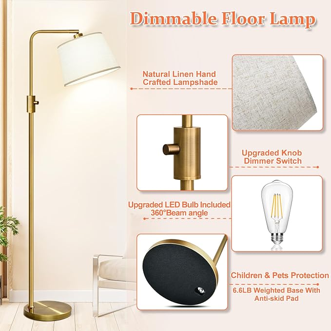 Nintiue Dimmable Floor Lamp, 1000 LM LED Edison Bulb Included, Arc Floor Lamps for Living Room Modern Standing Lamp Tall Lamps for Living Room Bedroom-Brass - LeafyLoom