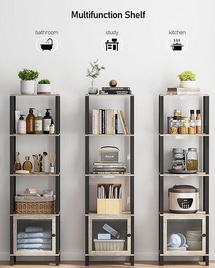TUTOTAK 5 Tier Bookcase and Bookshelf, Narrow Book shelf with Door for Small Space, for Living Room, Office, Study, Entryway, Greige BS03BG005 - LeafyLoom