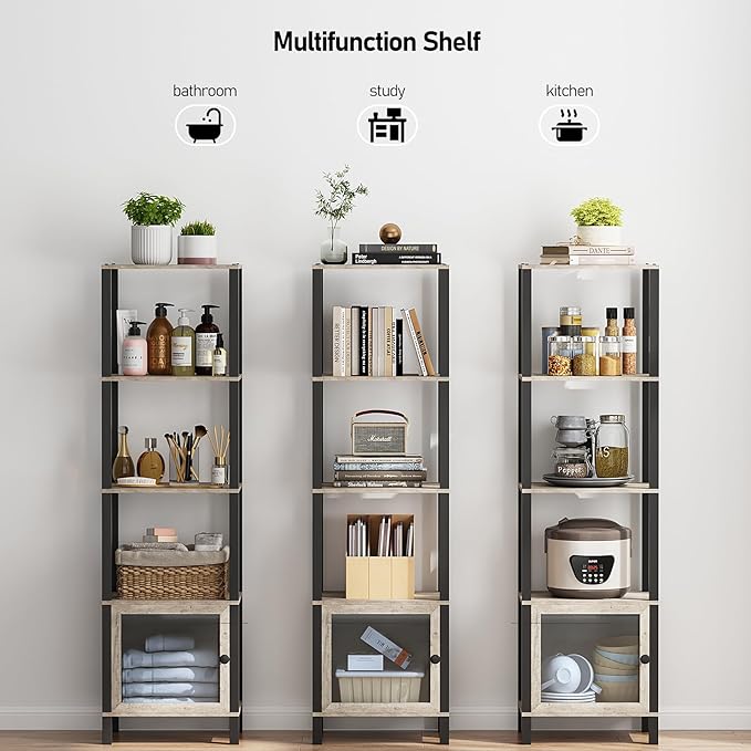 TUTOTAK 5 Tier Bookcase and Bookshelf, Narrow Book shelf with Door for Small Space, for Living Room, Office, Study, Entryway, Greige BS03BG005 - LeafyLoom