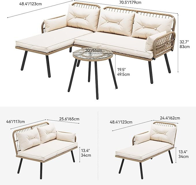 YITAHOME L-Shaped Patio Furniture Outdoor Loveseat Sectional Set for Backyard, Porch with Thick Cushions Detachable Lounger, Side Table (Light Brown+Beige) - LeafyLoom