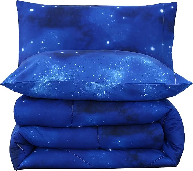 3PCS Blue Galaxy Twin Comforter Set, Bed in a Bag Space Twin Quilt Bedding Set, Hotel Luxury, Summer Cute Comforter Twin for Boys Girls Toddler Kids and Teens, Twin - LeafyLoom