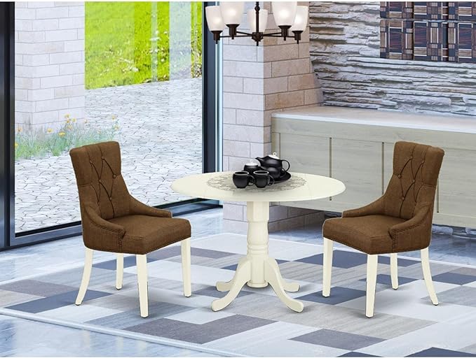 East West Furniture DLFR3-WHI-18 Kitchen Table Set - Parson Dining Room Chairs with Dark Coffee Linen Fabric Seat and Button Tufted Back - Solid Wood Drop Leaves Pedestal Dinner Table (White Finish) - LeafyLoom