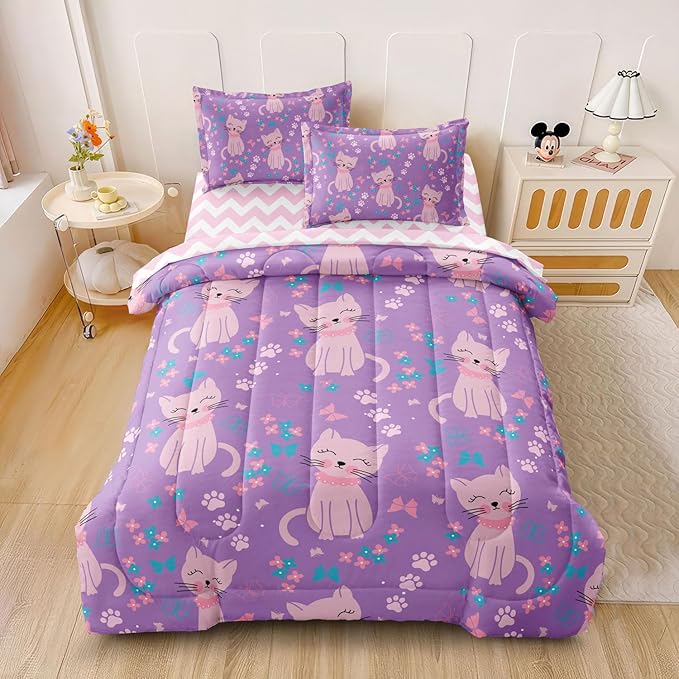 5 Piece Girls Cat Comforter Set Full Size Bed in A Bag Pink Cute Cartoon Cats Bedding Set for Kids Teens (1 Comforter, 1 Flat Sheet, 1 Fitted Sheet, 2 Pillowcases), Purple Pink - LeafyLoom