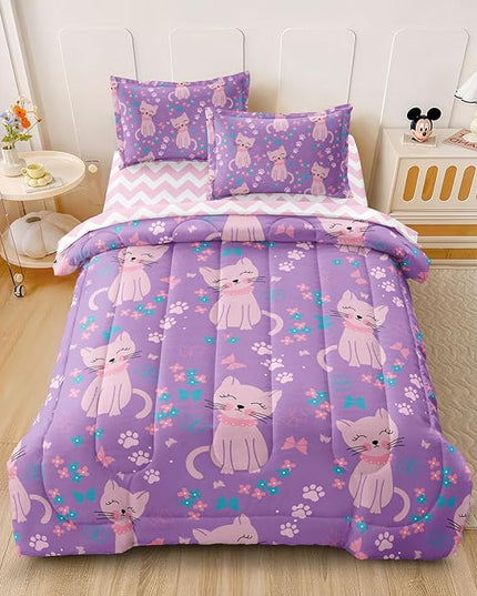 5 Piece Girls Cat Comforter Set Twin Size Bed in A Bag Pink Cute Cartoon Cats Bedding Set for Kids Teens (1 Comforter, 1 Flat Sheet, 1 Fitted Sheet, 2 Pillowcases), Purple Pink - LeafyLoom