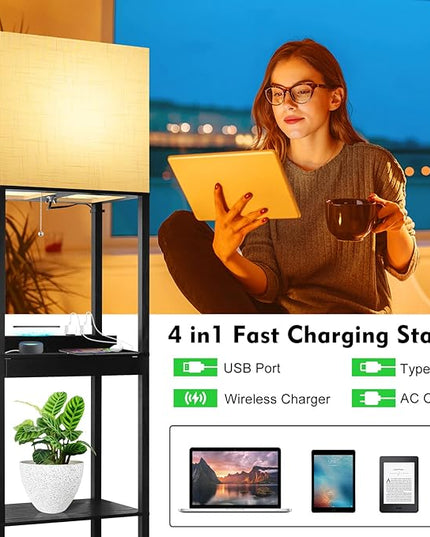 RUNTOP Plus Charging Station Floor Lamp with Wireless Charger, 2 USB-C Port, 2 Power Outlet, Floor Lamp with Shelves, 15W LED Bulb, 3 Colors, Memory Function, Standing Lamp for Living Room Bedroom - LeafyLoom