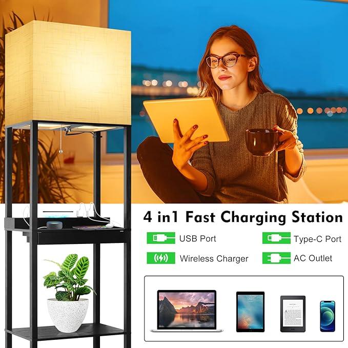 RUNTOP Plus Charging Station Floor Lamp with Wireless Charger, 2 USB-C Port, 2 Power Outlet, Floor Lamp with Shelves, 15W LED Bulb, 3 Colors, Memory Function, Standing Lamp for Living Room Bedroom - LeafyLoom