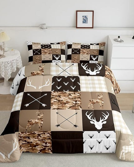 Kids Deer Antler Animal Comforter Set King Size,Brown Camo Xmas Bedding Set,Girls Boys Adults Bedroom/Cabin Decor,Plaid Patchwork Vintage Down Comforter,Boho Arrows Duvet Insert,3pcs,2 Pillowcases - LeafyLoom