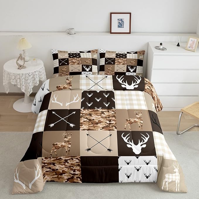 Kids Deer Antler Animal Comforter Set King Size,Brown Camo Xmas Bedding Set,Girls Boys Adults Bedroom/Cabin Decor,Plaid Patchwork Vintage Down Comforter,Boho Arrows Duvet Insert,3pcs,2 Pillowcases - LeafyLoom