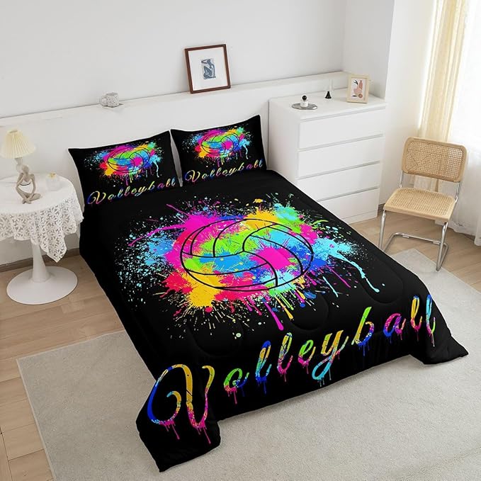 Kids Volleyball Comforter Set Full Size Sports Game Bedding Set for Boys Girls Teens Bedroom Decor Tie Dye Comforter Women Men Volleyball Player Duvet Set with 2 Pillow Case - LeafyLoom