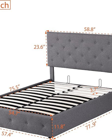 Full Upholstered Platform Hydraulic System, Lift Up Storage Bed Size with Headboard and Button Tufted, Wooden Bedframe for Teens Adults, B-Gray b - LeafyLoom