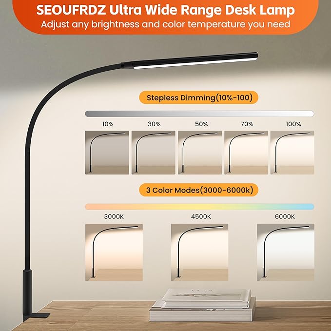Desk Lamp with Clamp, Stepless Dimming Desk Lamps for Home Office Adjustable Desk Lamp Eye Caring Desk Light Office Lamp with USB Adapter for Working Drawing Sewing (Black) - LeafyLoom