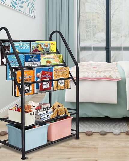 aboxoo Metal Kids Bookshelf Black Toy Chests & Organizers Large Freestanding for Children Toy Chests & OrganizersRoom 25 in Toy Organizer Large Stable Bookcase Bookstore Library Bed Living Room - LeafyLoom
