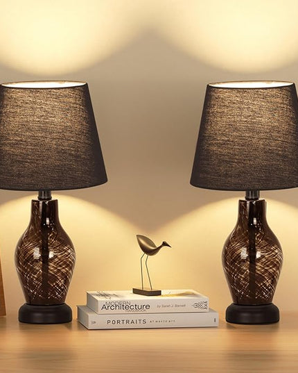 Small Bedside Table Lamp Set of 2, Wine Bottle Shape Glass Body, Warm Ambient Lighting, Bulb Included, 14" Height, Black - LeafyLoom