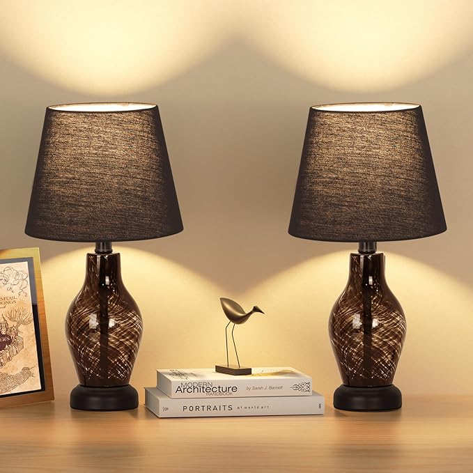 Small Bedside Table Lamp Set of 2, Wine Bottle Shape Glass Body, Warm Ambient Lighting, Bulb Included, 14" Height, Black - LeafyLoom