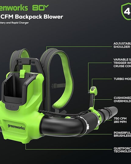 Greenworks 80V (750 CFM) Backpack Blower, 4.0Ah Battery and 4A Charger - LeafyLoom