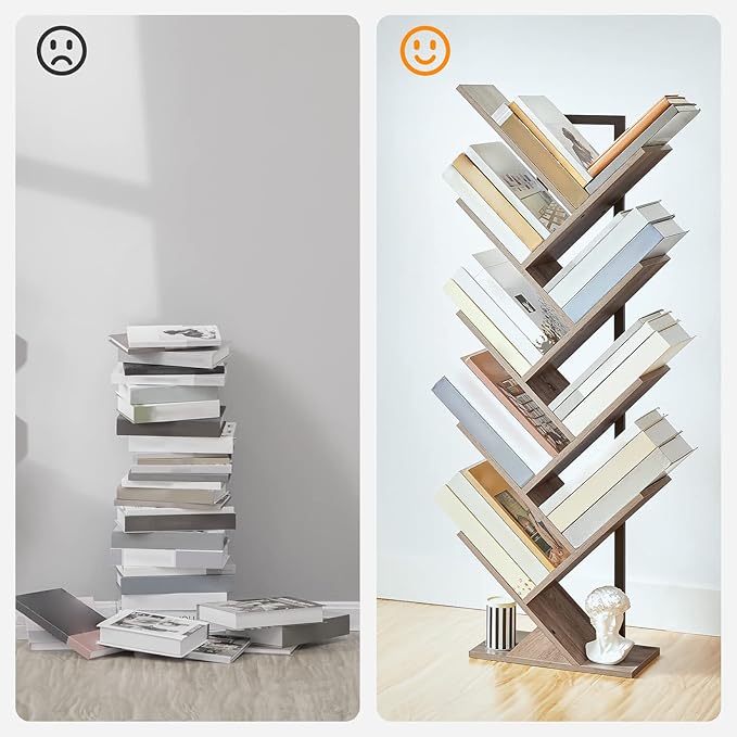 HOOBRO Tree Bookshelf, 9-Tier Bookcase Wooden Shelves, Floor Standing Storage Rack, for Display of CDs, Books in Living Room, Home Office, Wood Storage Rack for Bedroom, Greige BG08SJ01G1 - LeafyLoom